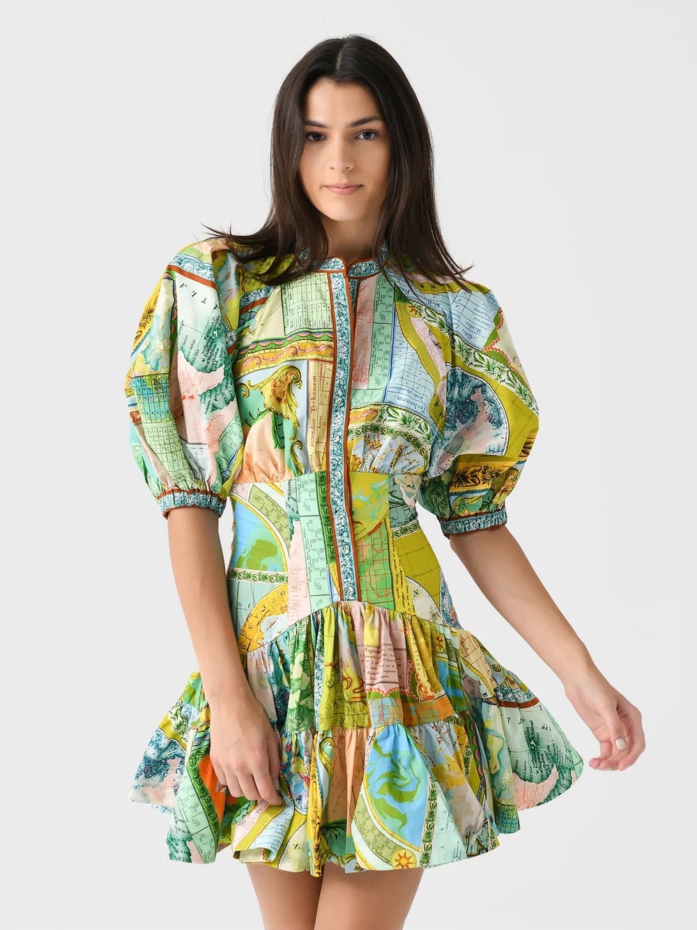 Alemais Multicolor Patchwork Puff-Sleeve Mini Dress